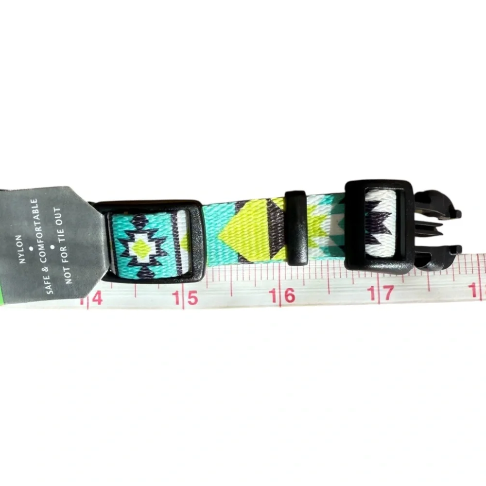 Southwestern Boho Teal/Lime Aztec Geometric Adjustable Dog Collar, Medium 18”
